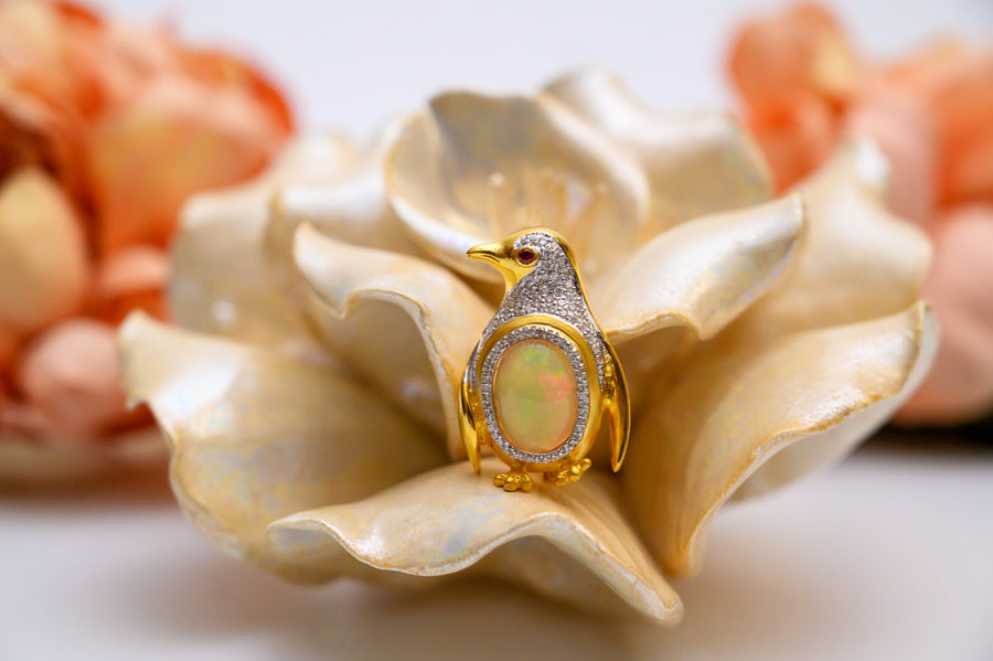 Enchanting Opal Penguin Diamond Brooch